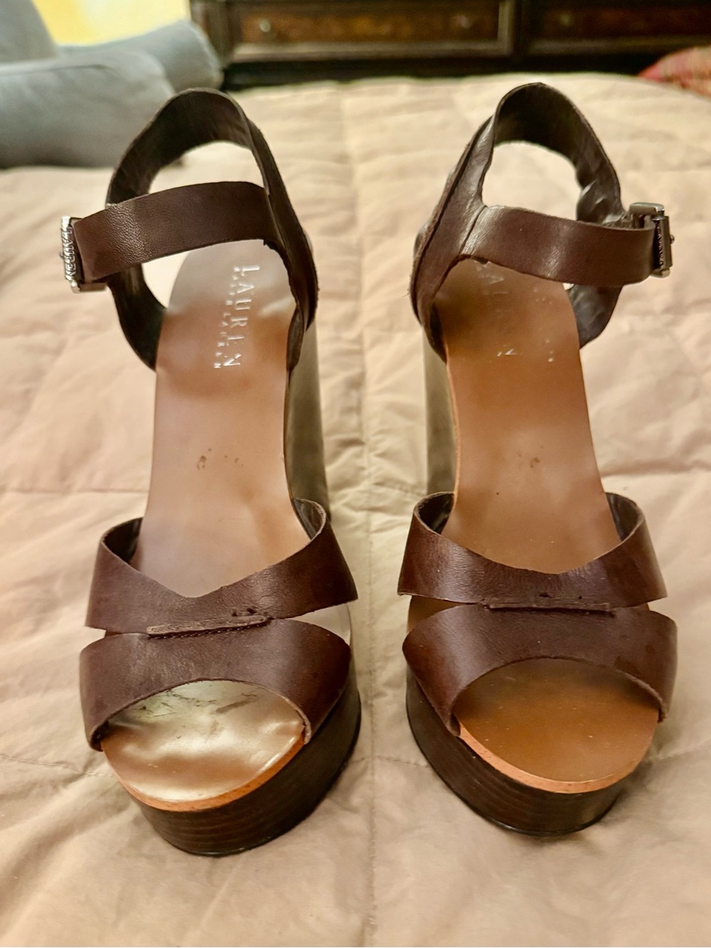 Ralph Lauren Dark Brown Leather Platform Sandals with Ankle Strap